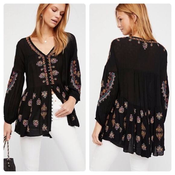 Free People Ariana Embroidered Tunic Womens Small Black Floral Oversized NWT - Picture 10 of 10